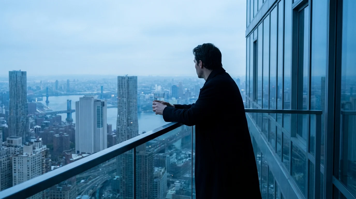 A person on a balcony overlooking a city, representing high-level financial risk management.
