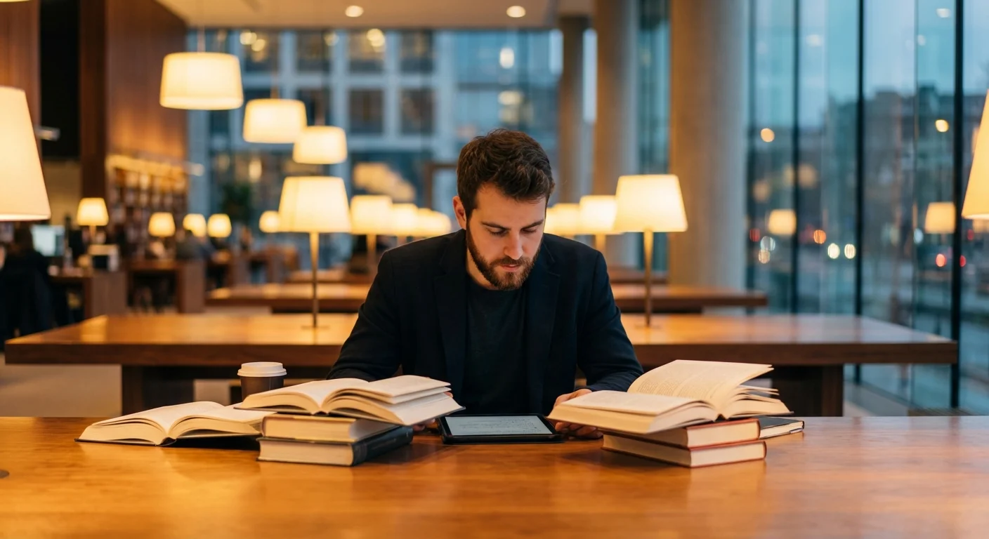 A young professional studying and learning new skills in a modern library.