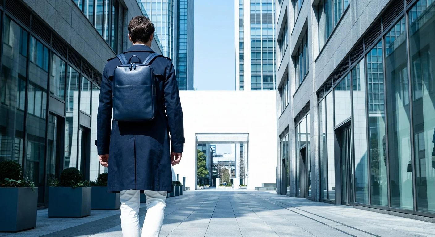 A person walking confidently through a modern city toward bright light.