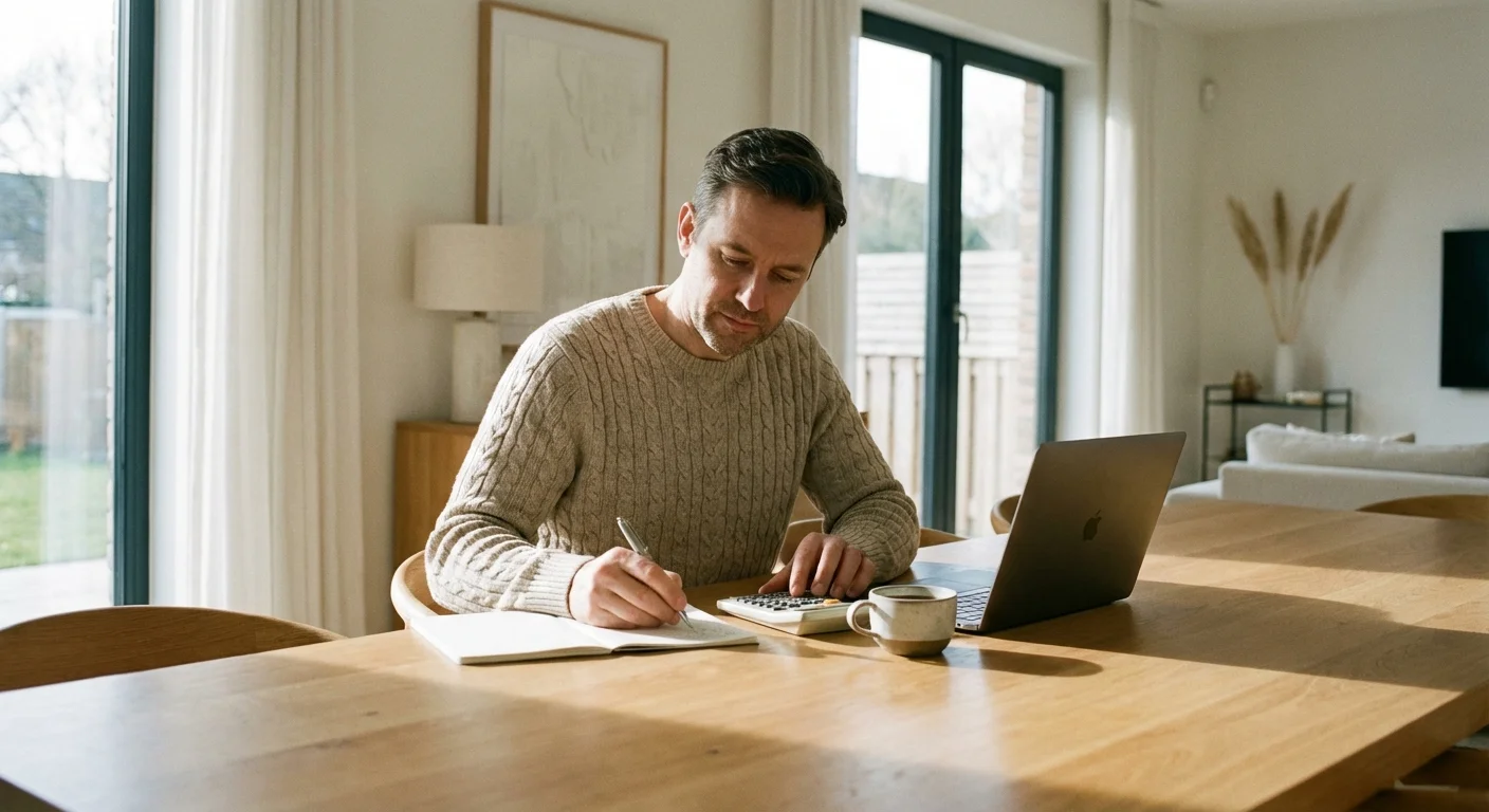 A father calculates household expenses at a dining table in a bright room.