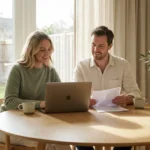 A couple calmly reviewing financial documents on a laptop in a sunlit modern home.