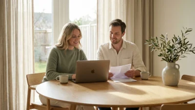 A couple calmly reviewing financial documents on a laptop in a sunlit modern home.