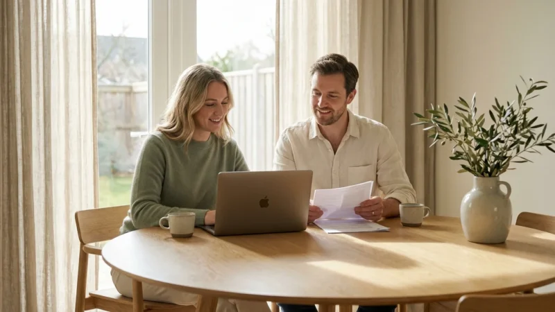 A couple calmly reviewing financial documents on a laptop in a sunlit modern home.