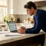 A person reviewing a financial statement on a laptop in a bright, modern kitchen.