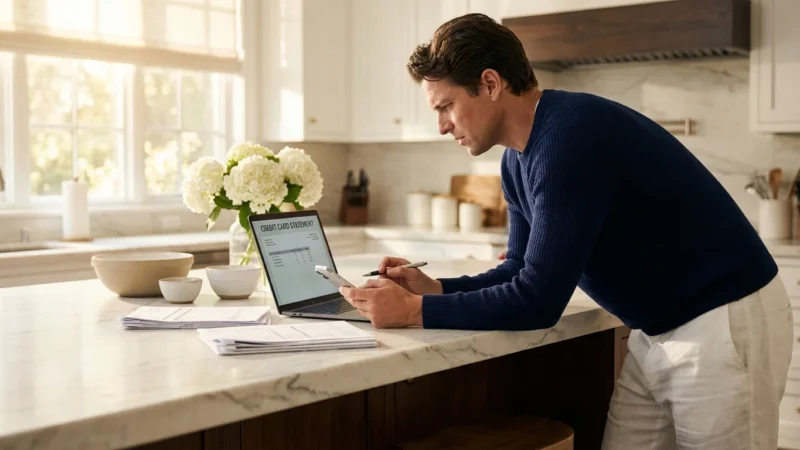 A person reviewing a financial statement on a laptop in a bright, modern kitchen.