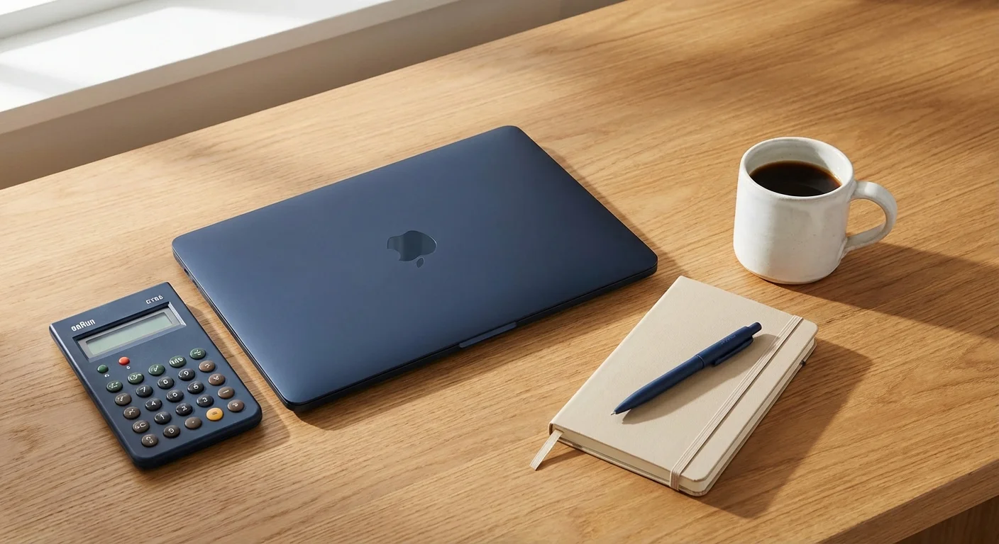 Top-down view of a clean desk with a laptop, calculator, and coffee.