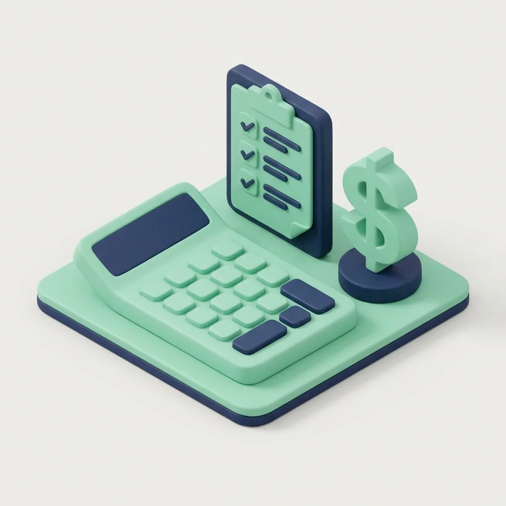 Minimalist 3D isometric icons of a calculator and checklist on a clean background.
