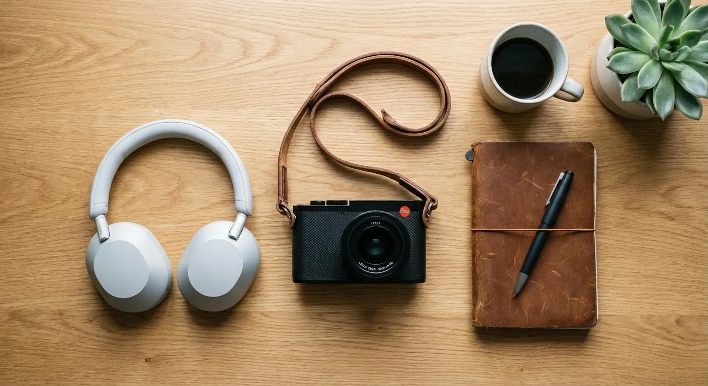 Professional gear like headphones and a camera laid out on a desk.