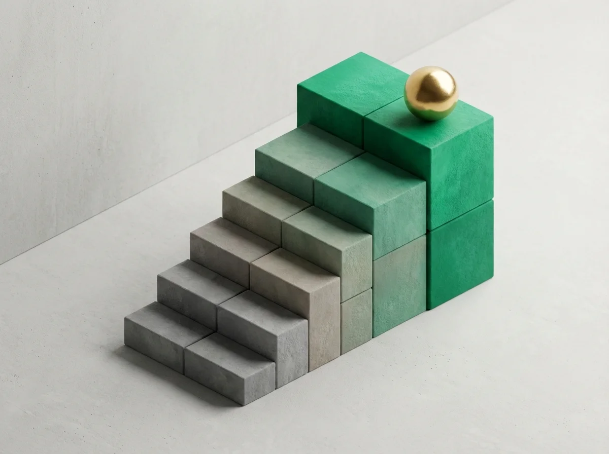 A 3D staircase of blocks transitioning from grey to emerald, symbolizing the ranking of assets by tax efficiency.