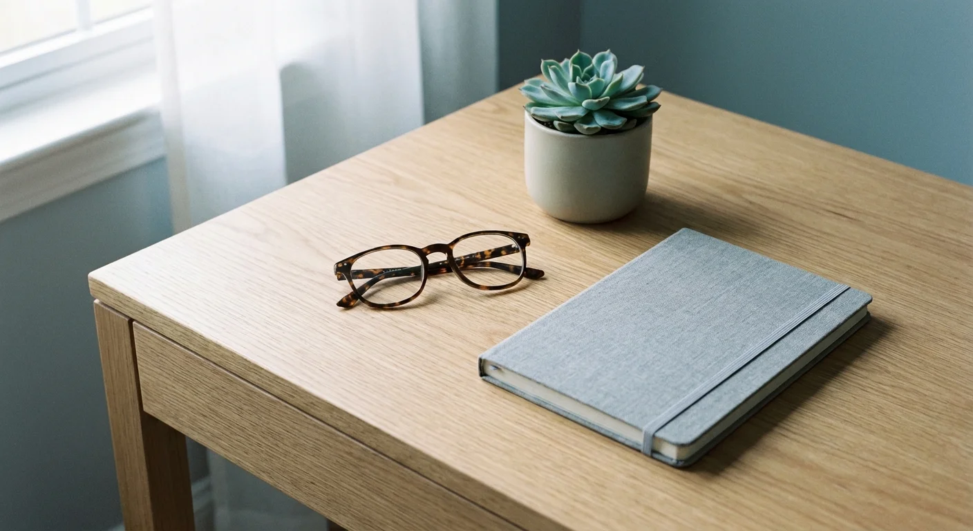 An overhead view of a designer coffee and a gold-trimmed planner on a marble desk.