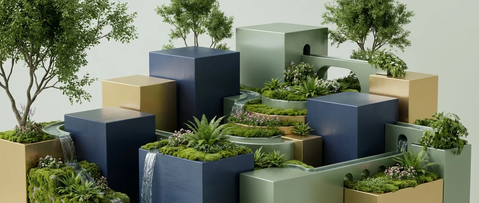 A harmonious 3D ecosystem combining architectural blocks and living plants in a modern gallery setting.