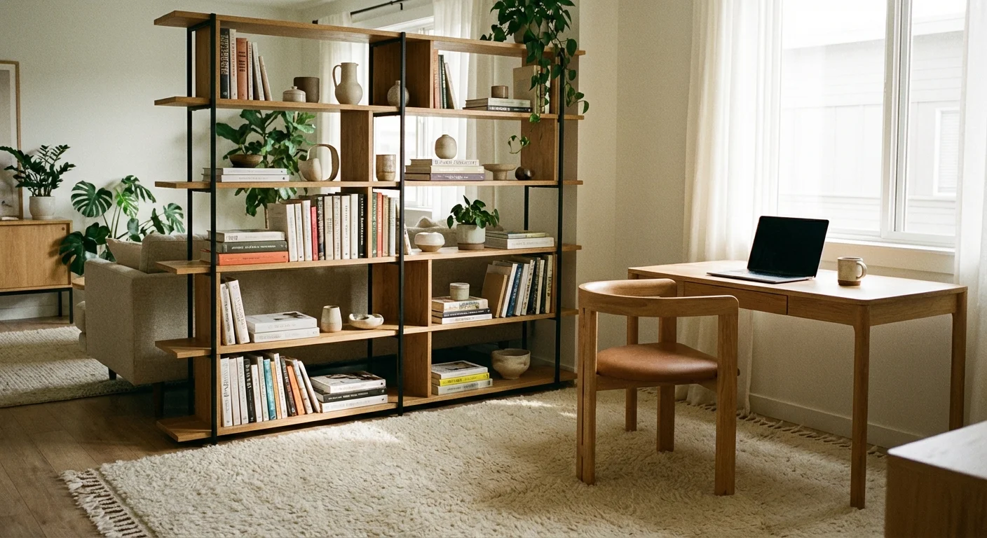 A clearly defined home office area within a living room, showing exclusive use.