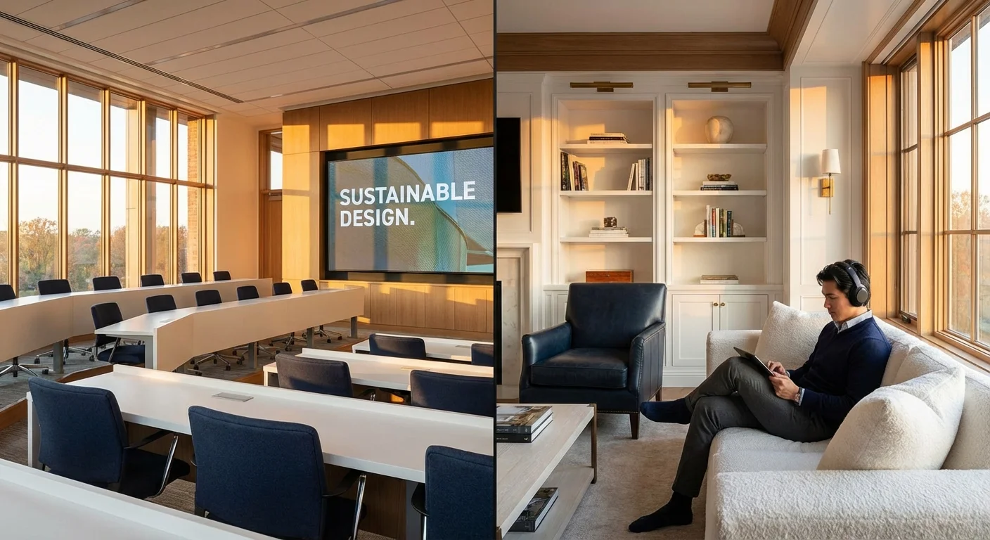 A split image showing a formal lecture hall and a person learning from a home office.