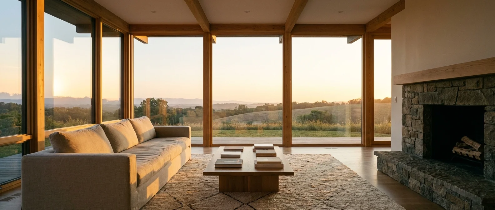 A peaceful, minimalist home interior lit by the warm glow of a sunset.