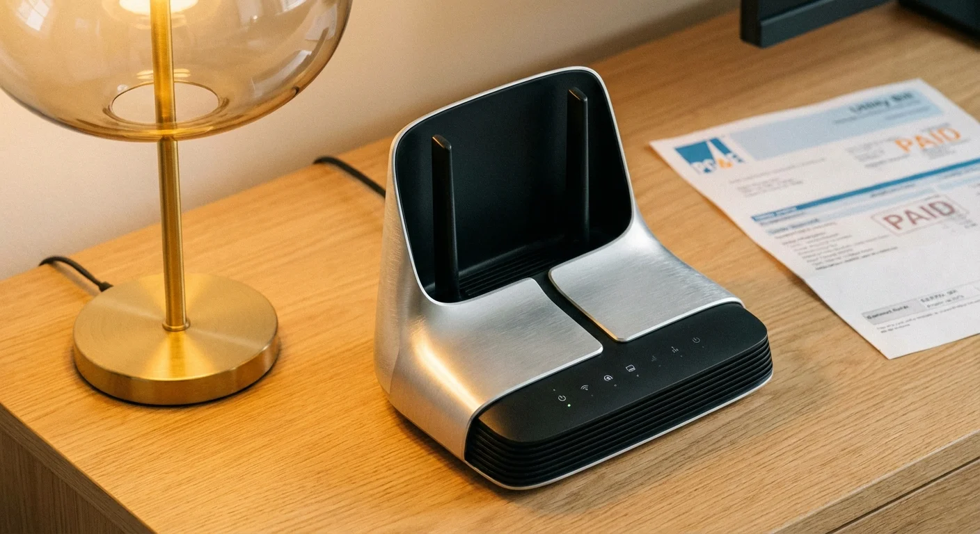 A close-up of home office utilities like a router and lamp on a desk.