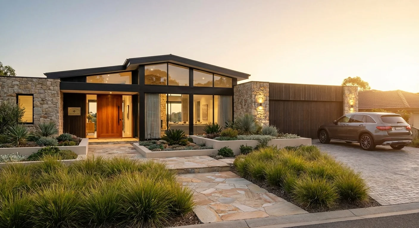 Modern suburban home exterior at sunset with clean architectural design.