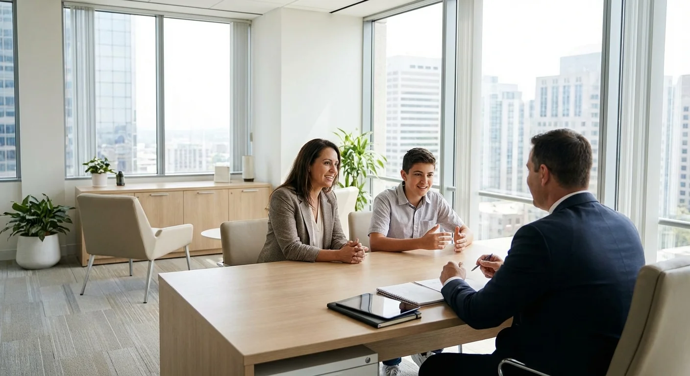 A person meeting with a professional advisor in a bright, modern office.