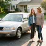 Mother and teenage daughter smiling next to a silver car in a suburban driveway