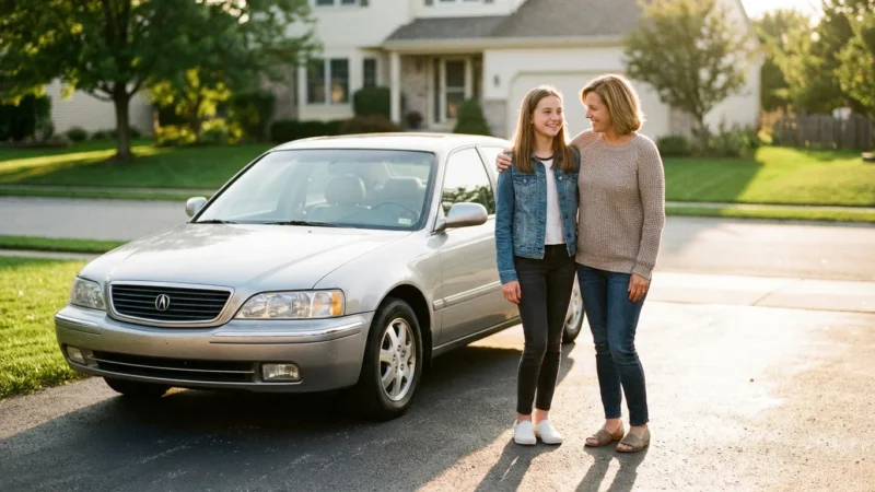 Mother and teenage daughter smiling next to a silver car in a suburban driveway