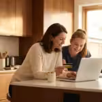 Smiling mother and teenage daughter using a laptop and credit card in a sunlit kitchen