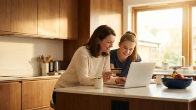Smiling mother and teenage daughter using a laptop and credit card in a sunlit kitchen