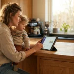 Woman holding a toddler while reviewing data charts on a tablet in a bright kitchen