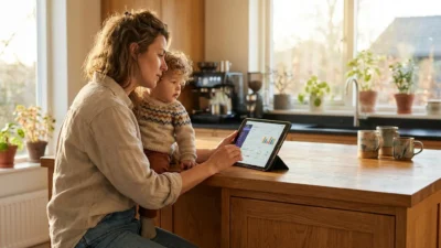 Woman holding a toddler while reviewing data charts on a tablet in a bright kitchen