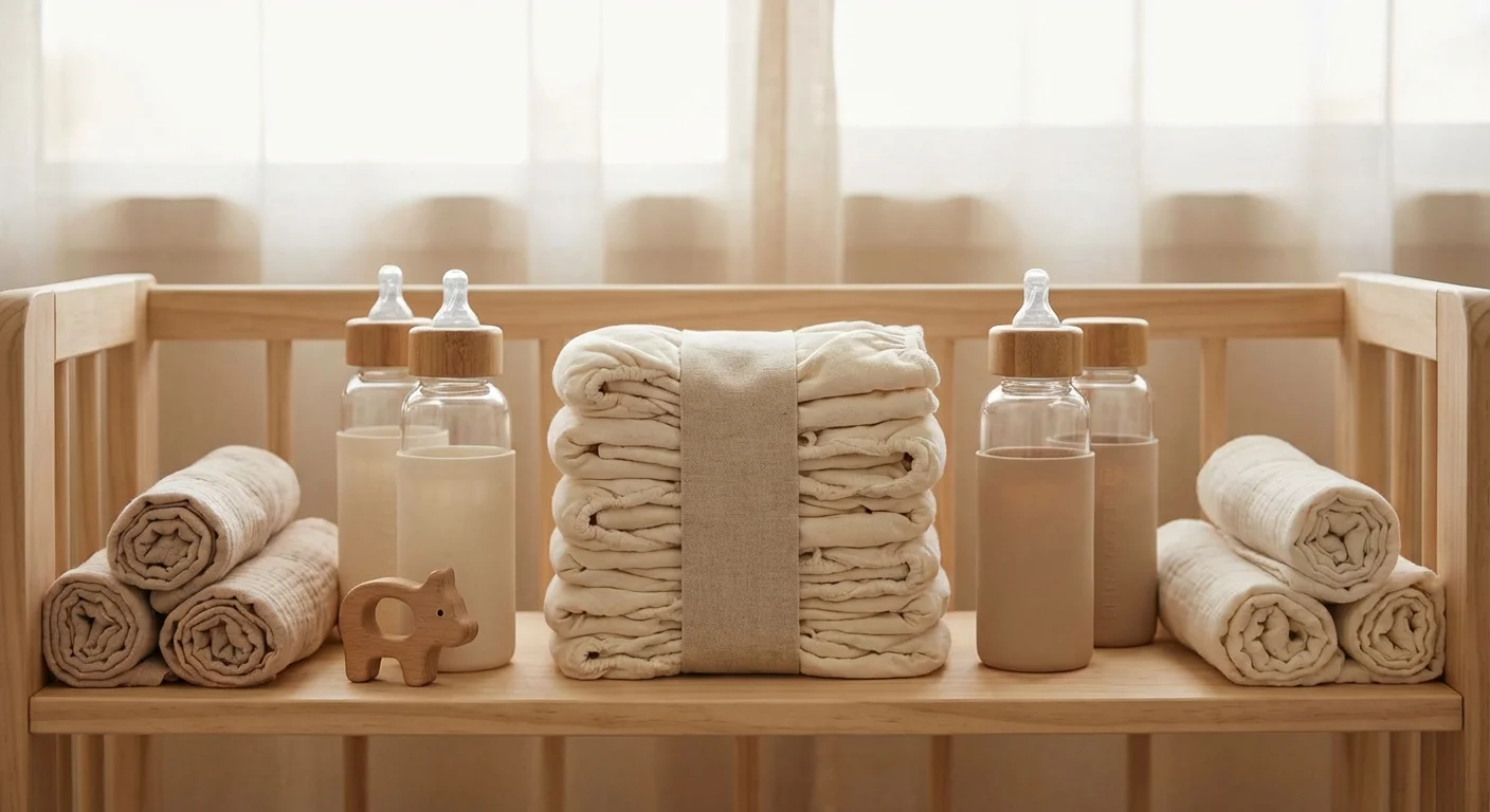 Neatly organized baby supplies including diapers and bottles on a wooden shelf.