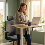 A professional woman working in a well-lit, modern home office with ergonomic furniture.