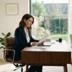 A professional woman calmly reviewing a severance agreement in a bright, modern home office.