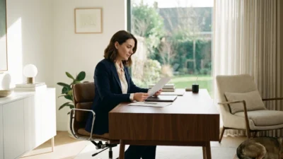 A professional woman calmly reviewing a severance agreement in a bright, modern home office.