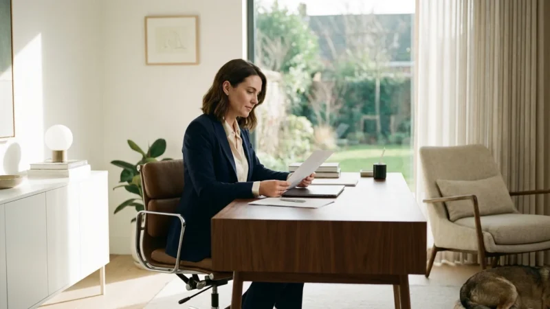 A professional woman calmly reviewing a severance agreement in a bright, modern home office.
