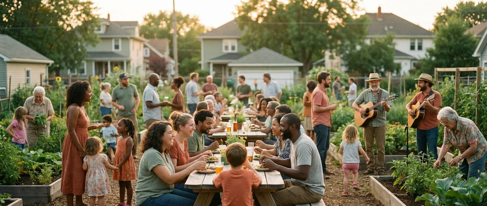 A diverse community gathering in a garden, showing social connection.