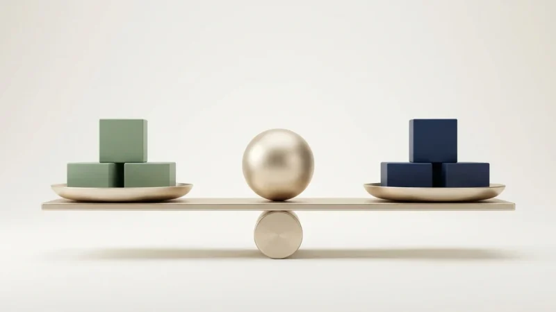 A stylized 3D balance scale with green and blue blocks, representing a balanced financial net worth.