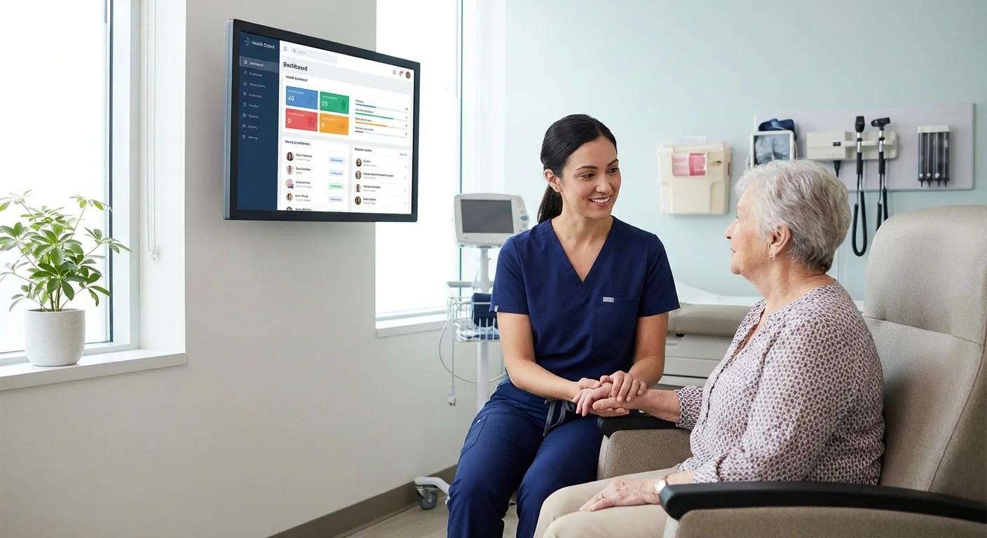 A nurse practitioner providing empathetic care to a patient in a modern medical setting.