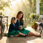 A mother and daughter look at a tablet together in a sunlit, modern home setting.