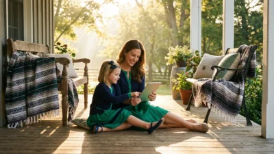 A mother and daughter look at a tablet together in a sunlit, modern home setting.