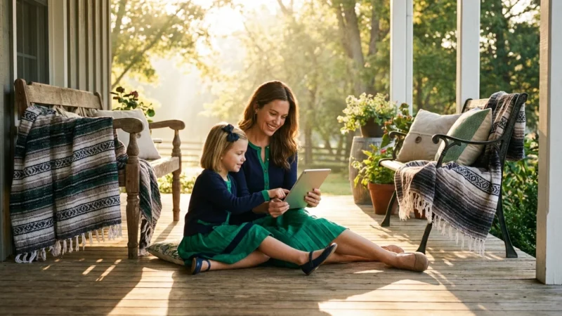 A mother and daughter look at a tablet together in a sunlit, modern home setting.