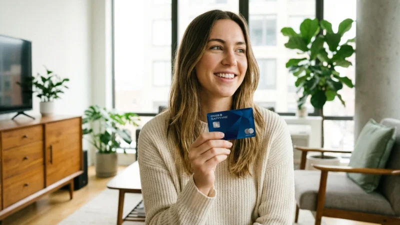 A smiling young adult holds a new bank card in a bright, modern living room.