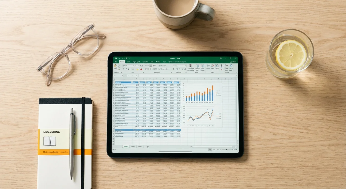 Organized flat lay of a tablet, notepad, and glasses on a white desk.