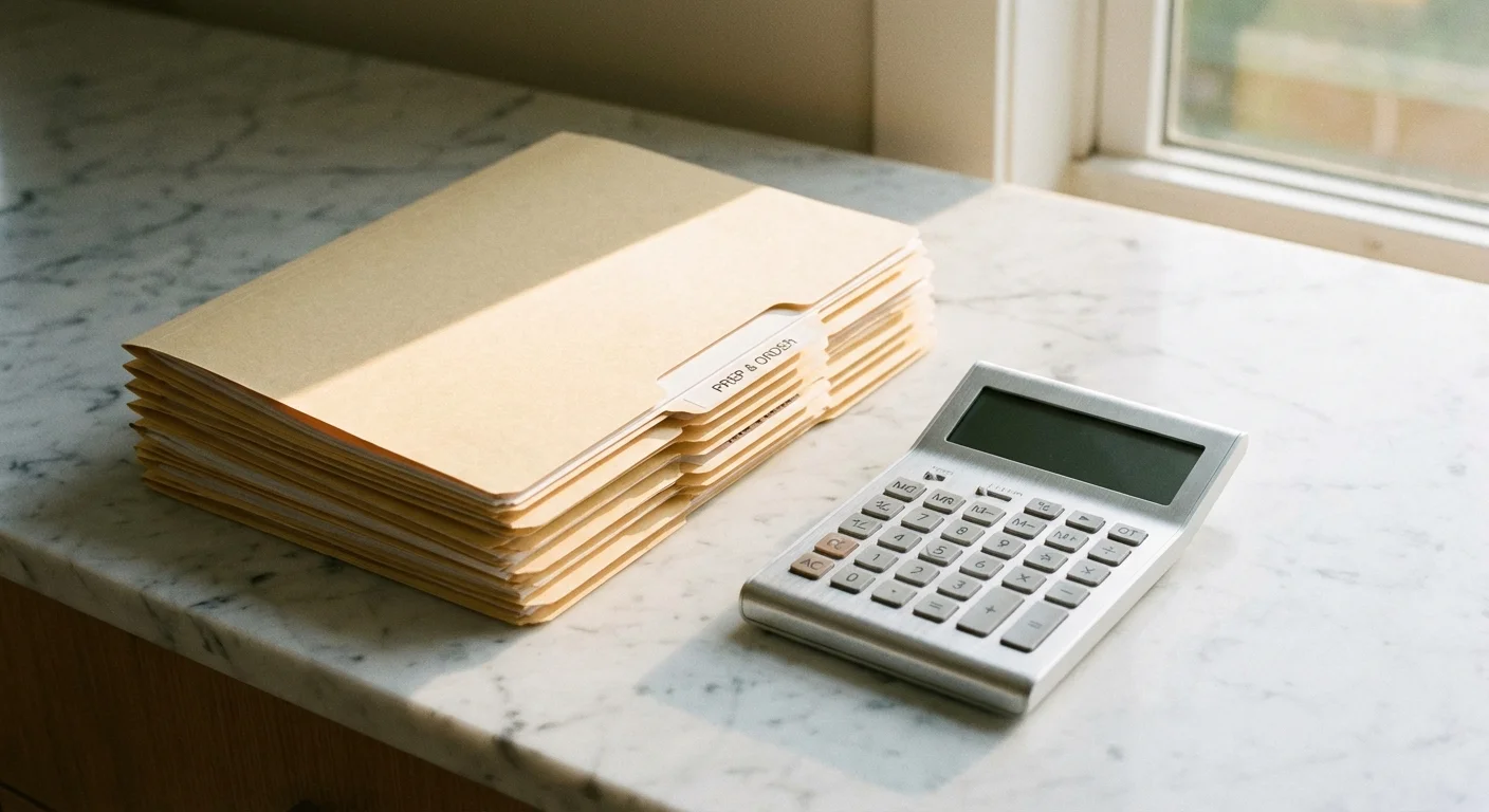 Organized folders and a calculator on a marble surface in bright light.