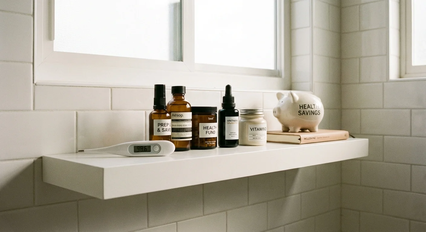 Organized wellness products on a clean bathroom shelf.