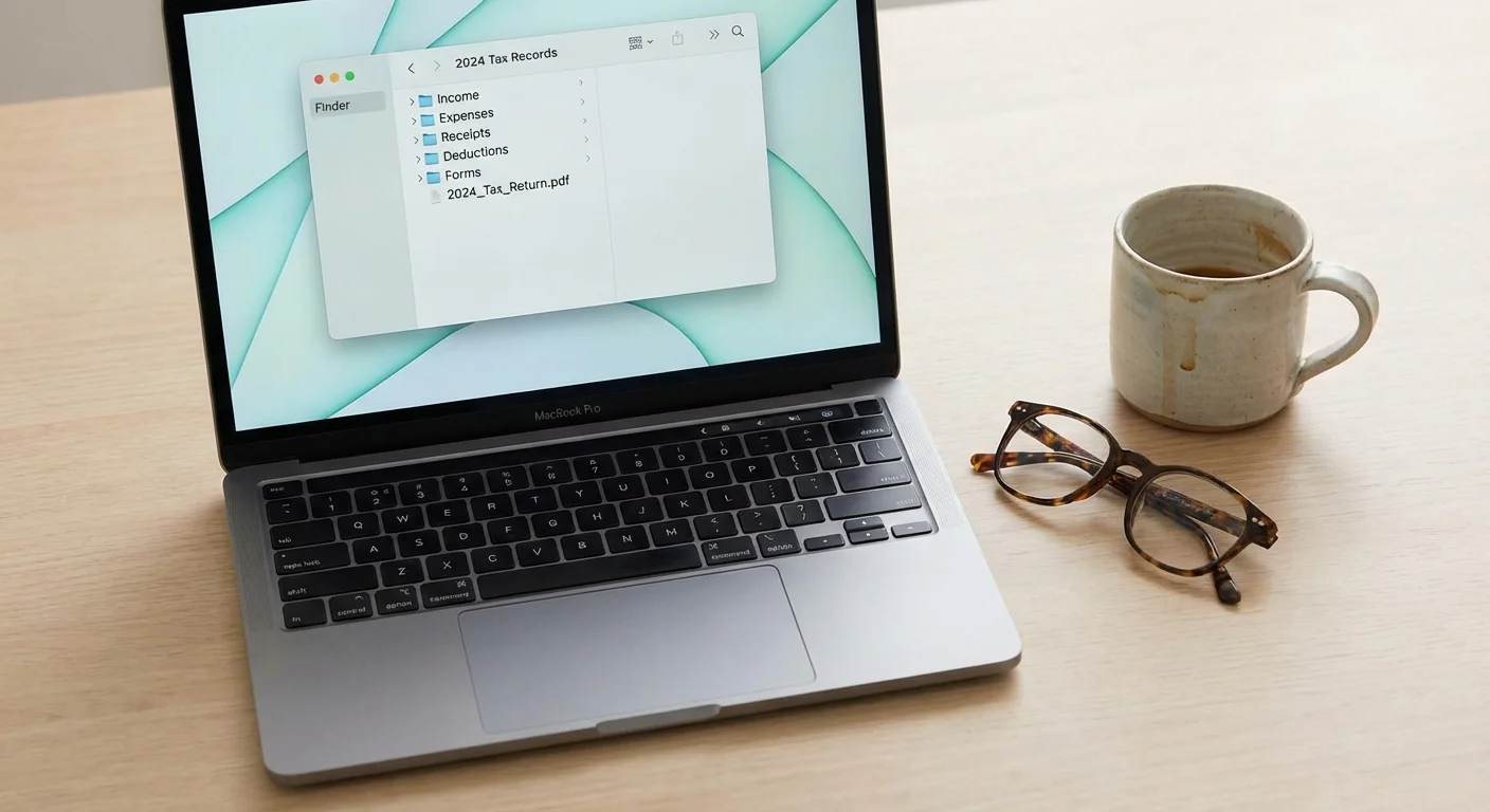 A laptop screen showing organized digital tax folders on a clean, modern desk.