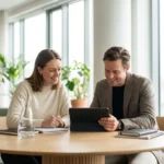 A person at a grocery checkout holding a phone and debit card with a focused expression.
