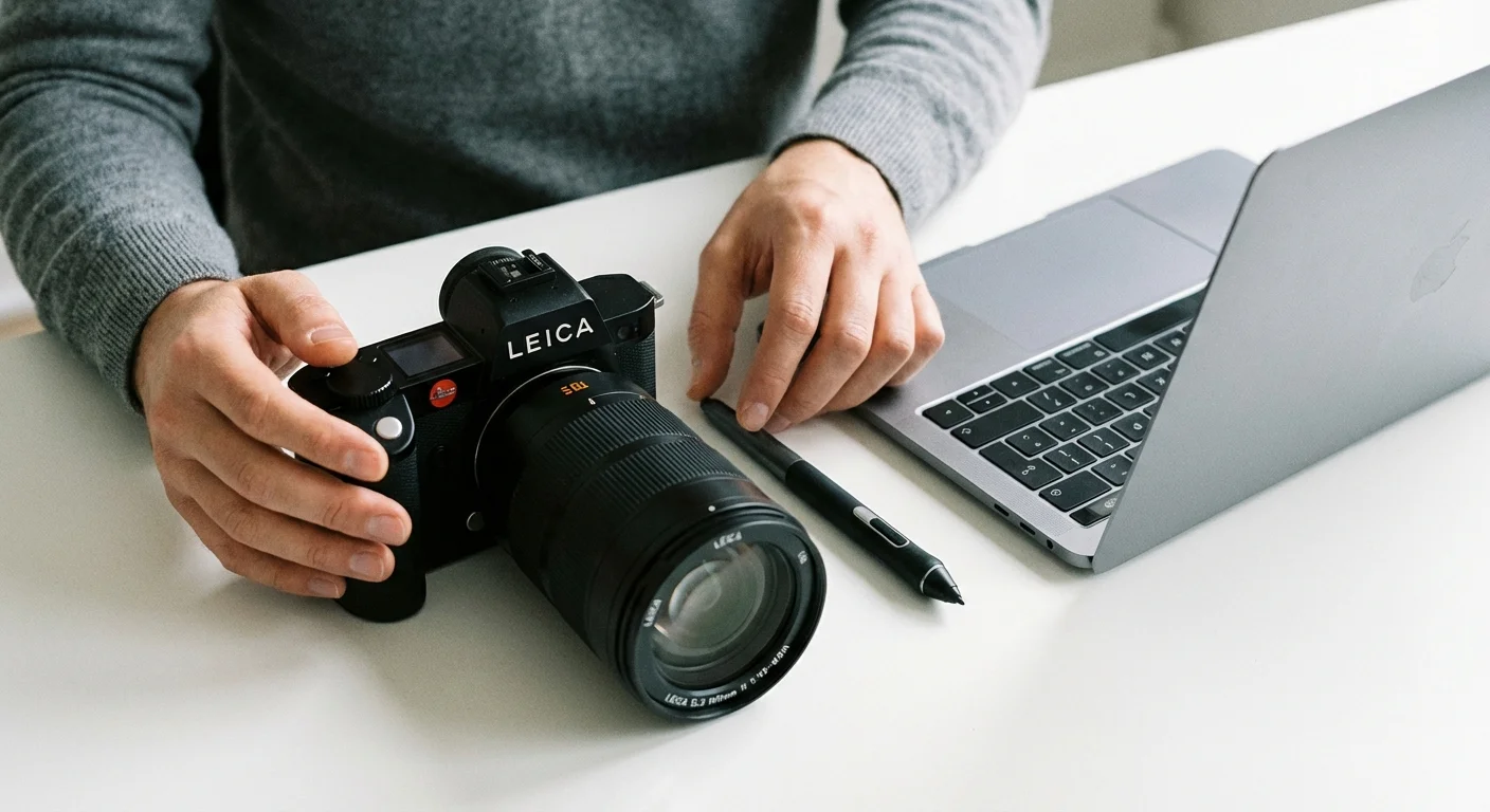 Overhead shot of professional creative tools neatly arranged on a white workspace.