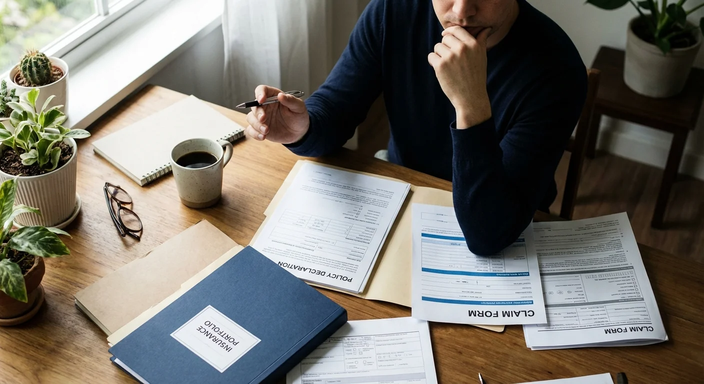 Overhead view of hands over insurance papers on a desk, representing a moment of decision.
