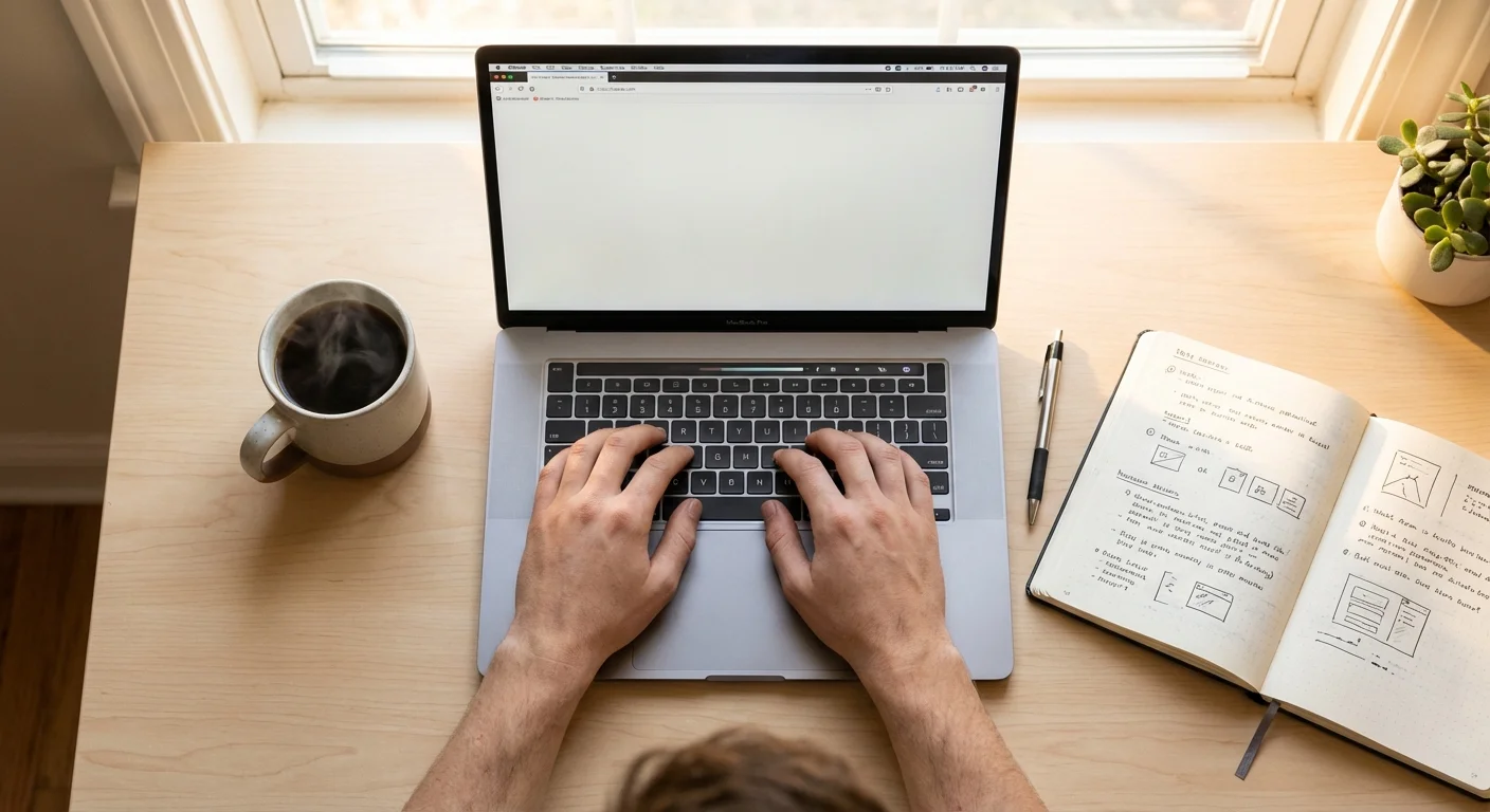 Overhead view of hands typing a letter on a laptop next to a coffee cup.