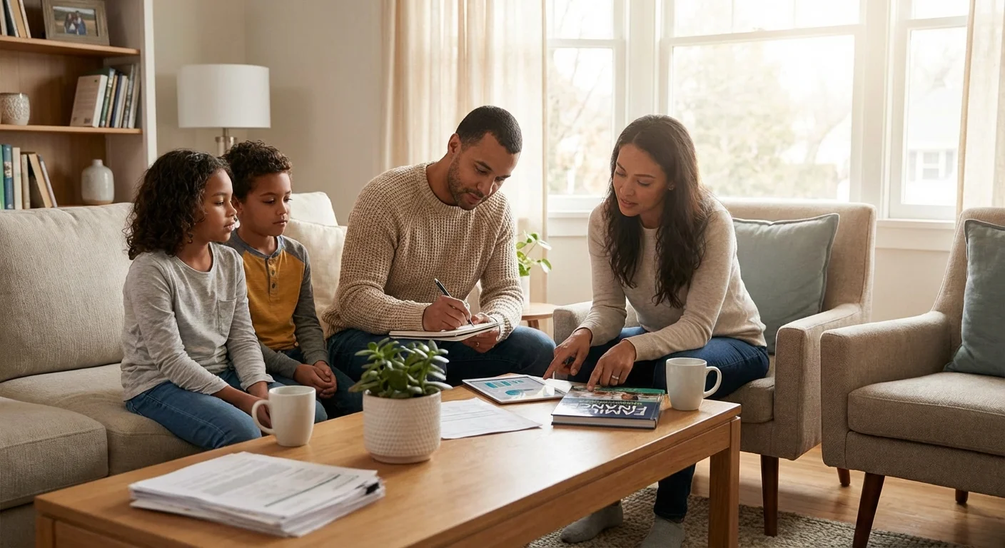Parents and children gathered around a coffee table with books and a tablet.
