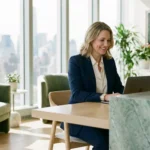 A confident professional woman working at a modern desk with a city view, representing career empowerment.