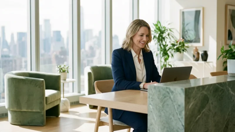 A confident professional woman working at a modern desk with a city view, representing career empowerment.